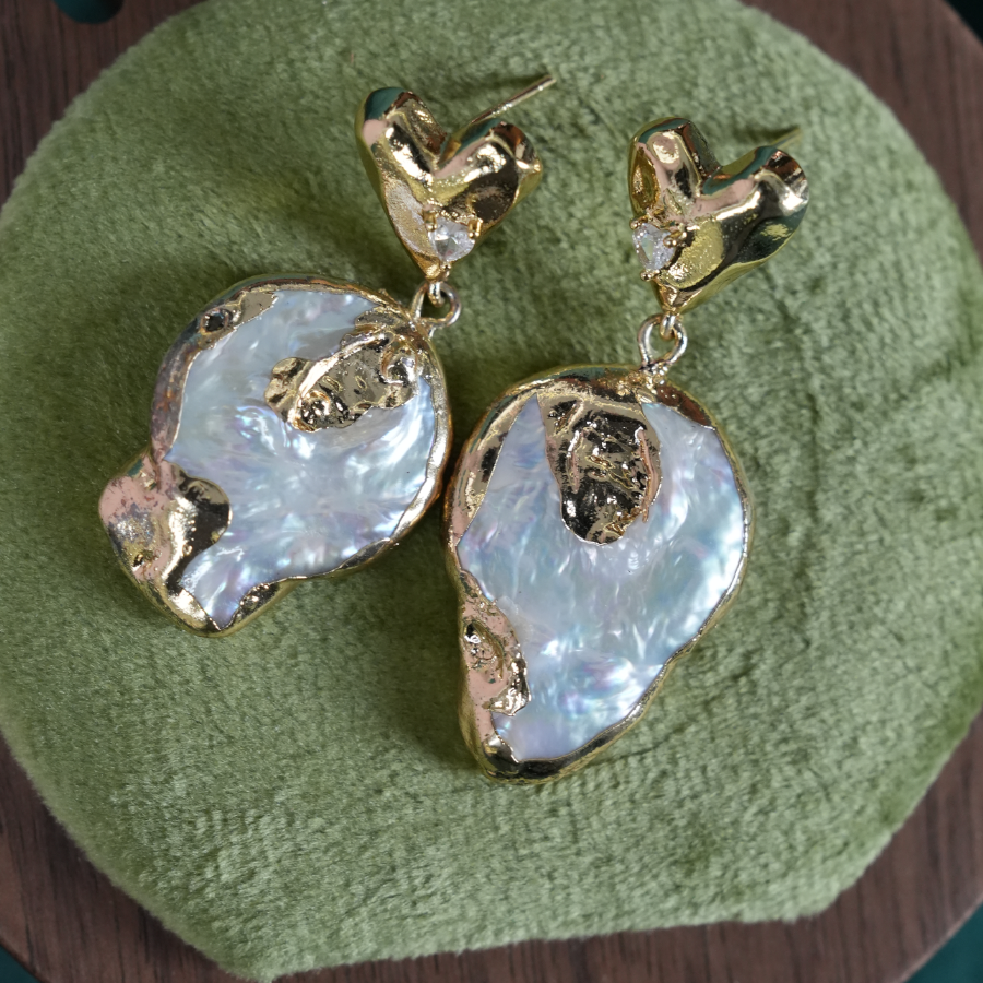 Gold Heart Baroque Pearl Drop Earrings