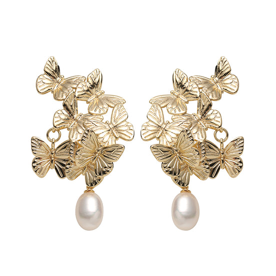 Vintage Golden Butterfly Pearl Earrings