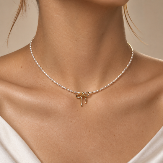 Vintage Gold Bow Natural Pearl Choker Necklace