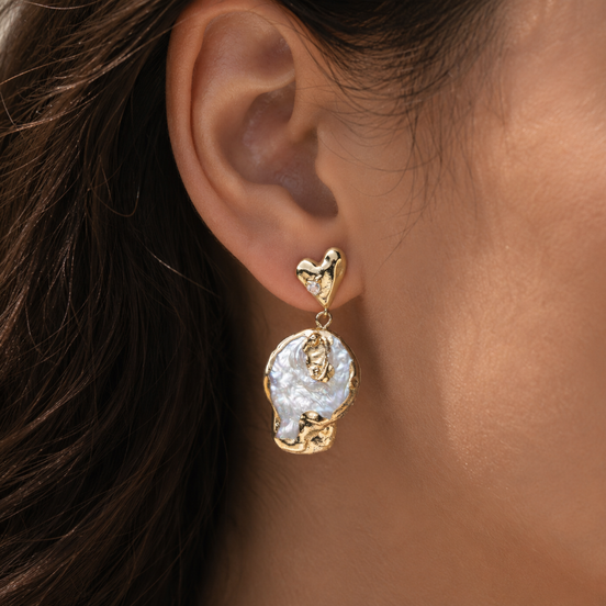 Gold Heart Baroque Pearl Drop Earrings