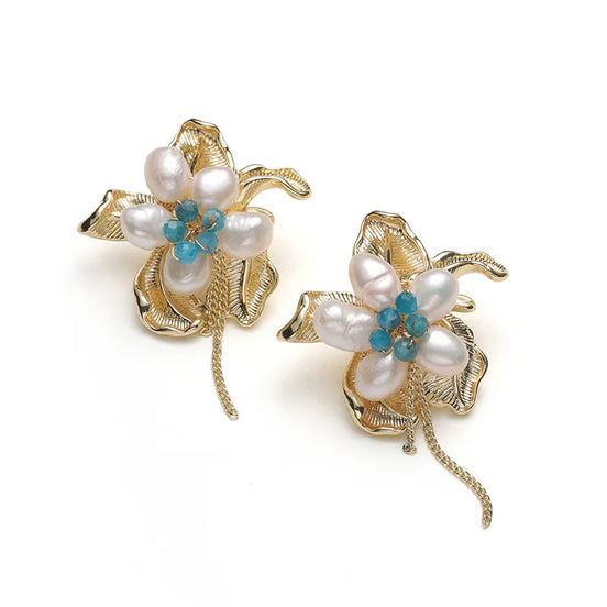 Gilded Flora Natural Pearl Tassel Earrings