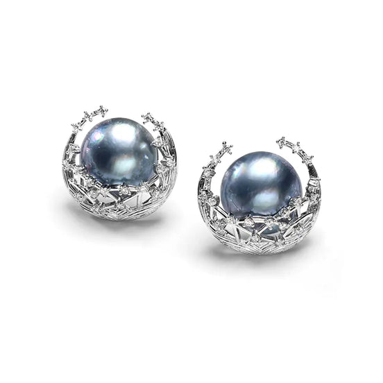 Peacock Blue Pearl Nest Stud Earrings