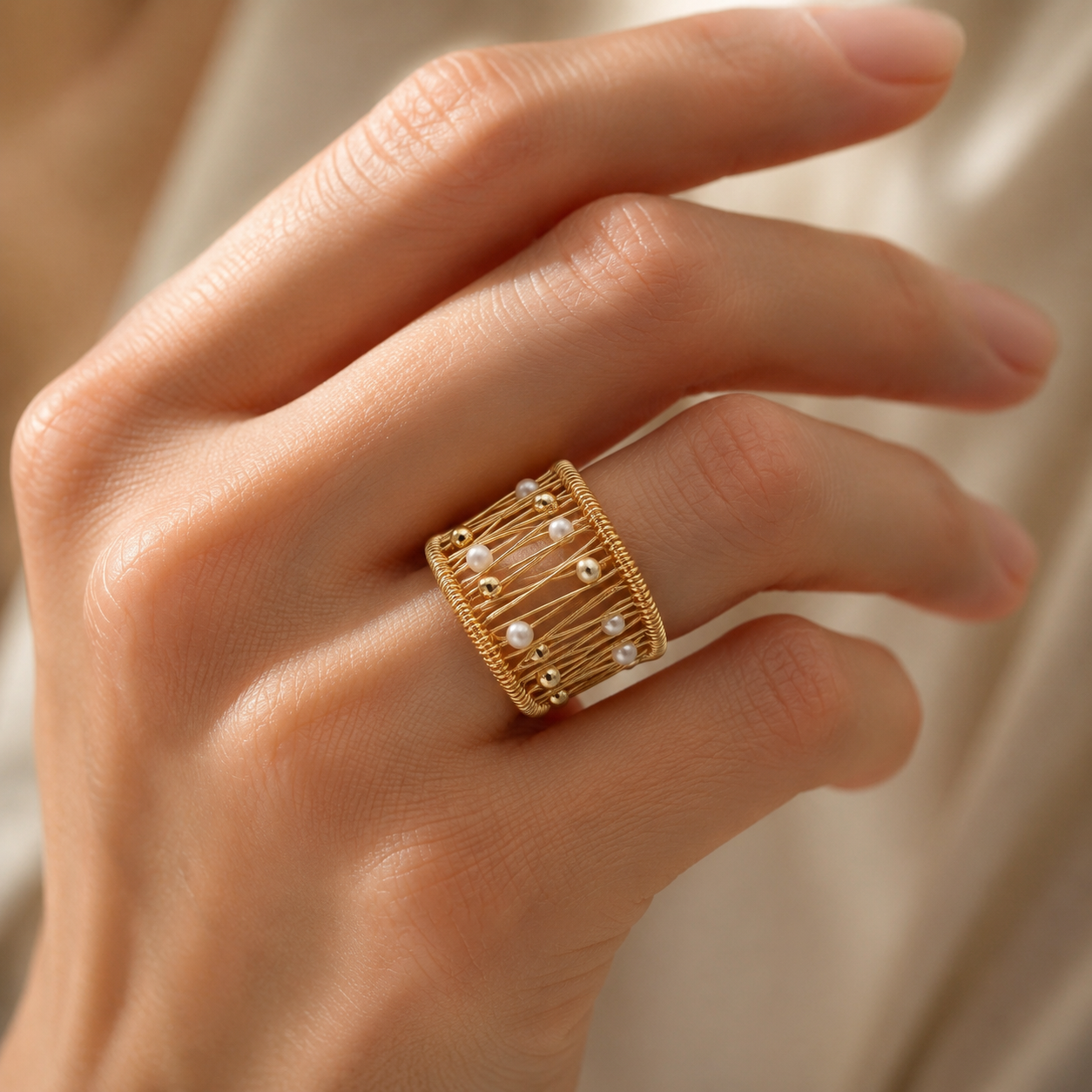 Woven Gold Pearl Open Ring