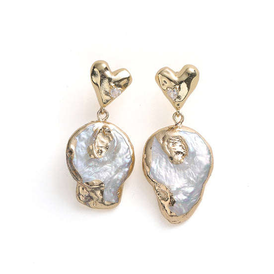 Gold Heart Baroque Pearl Drop Earrings