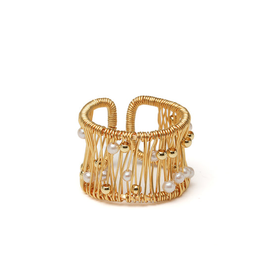Woven Gold Pearl Open Ring