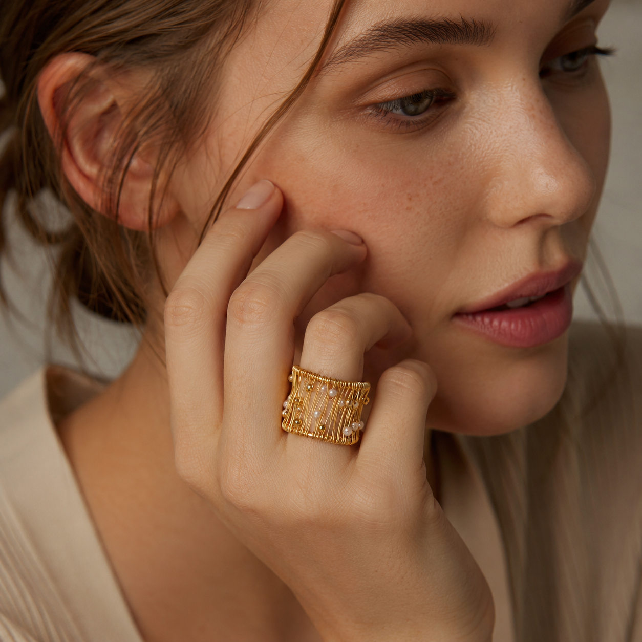 Woven Gold Pearl Open Ring
