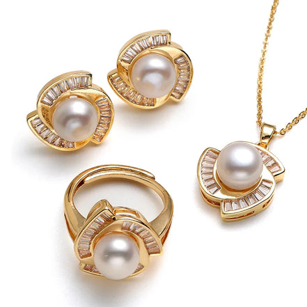 3-Piece Jewelry Set, Crystal-Inlay Dynamic Swirl-Design - Pendant, Stud Earrings, Ring