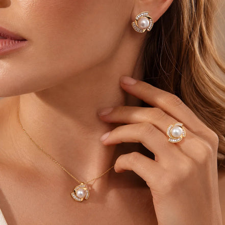 3-Piece Jewelry Set, Crystal-Inlay Dynamic Swirl-Design - Pendant, Stud Earrings, Ring