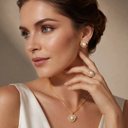 3-Piece Jewelry Set, Crystal-Inlay Dynamic Swirl-Design - Pendant, Stud Earrings, Ring