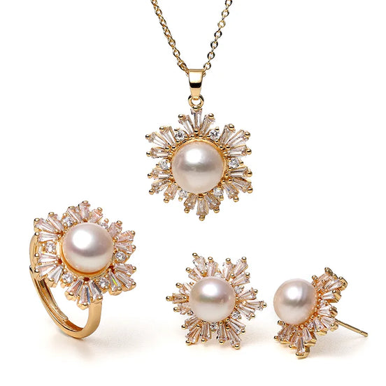 3-Piece Jewelry Set, Exquisite Timeless Pearl and Snowflake Pendant, Stud Earrings, and Ring