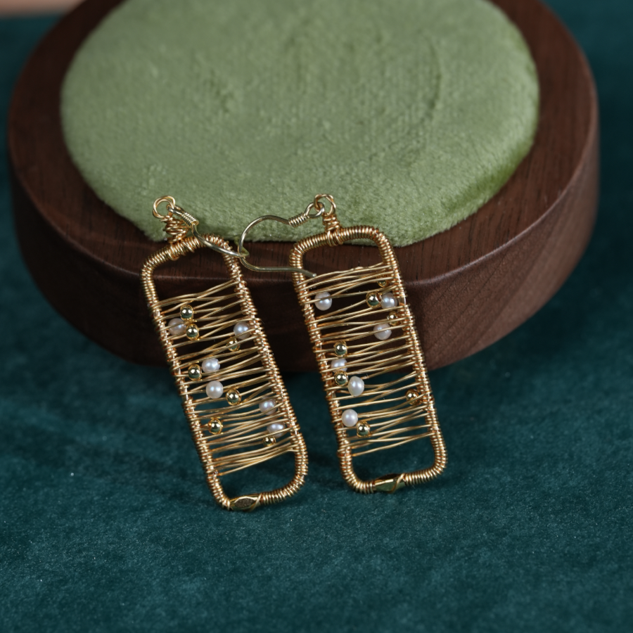 Abstract Gold Wire Pearl Art Earrings