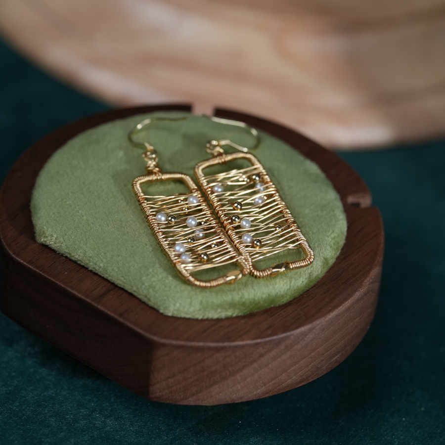 Abstract Gold Wire Pearl Art Earrings