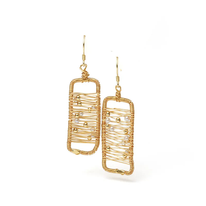 Abstract Gold Wire Pearl Art Earrings