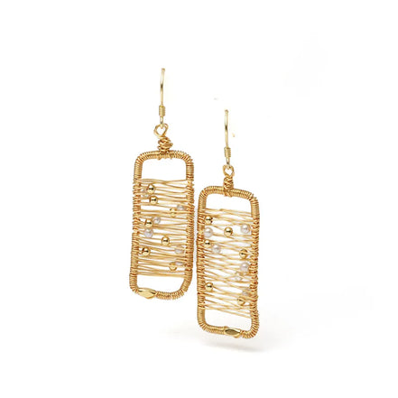Abstract Gold Wire Pearl Art Earrings
