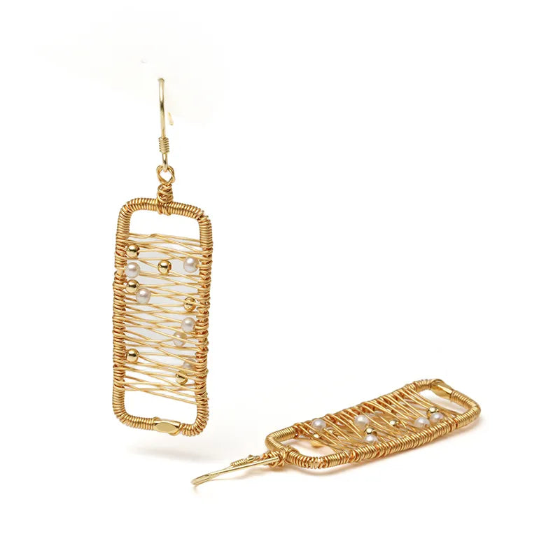 Abstract Gold Wire Pearl Art Earrings