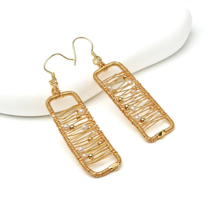 Abstract Gold Wire Pearl Art Earrings