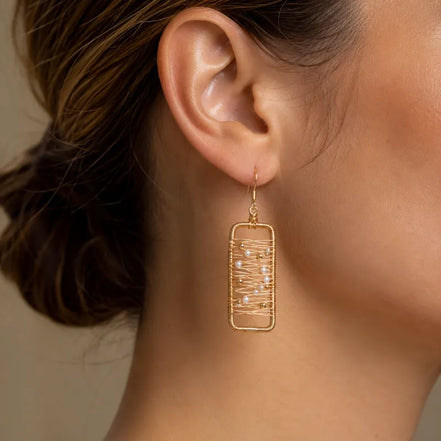 Abstract Gold Wire Pearl Art Earrings