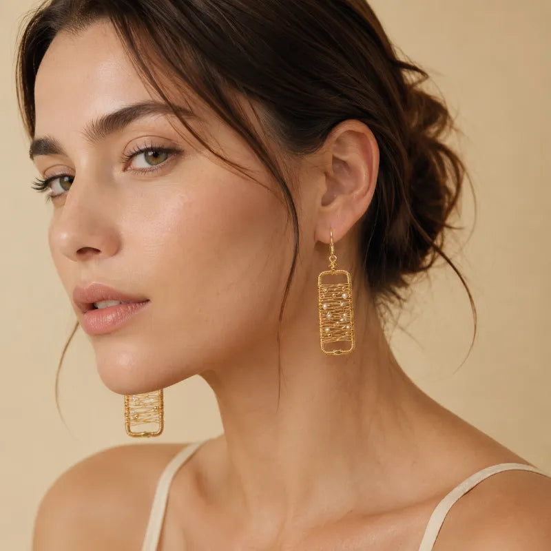 Abstract Gold Wire Pearl Art Earrings