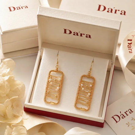 Abstract Gold Wire Pearl Art Earrings