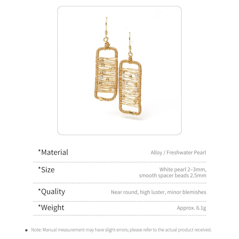 Abstract Gold Wire Pearl Art Earrings