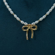 Vintage Gold Bow Natural Pearl Choker Necklace