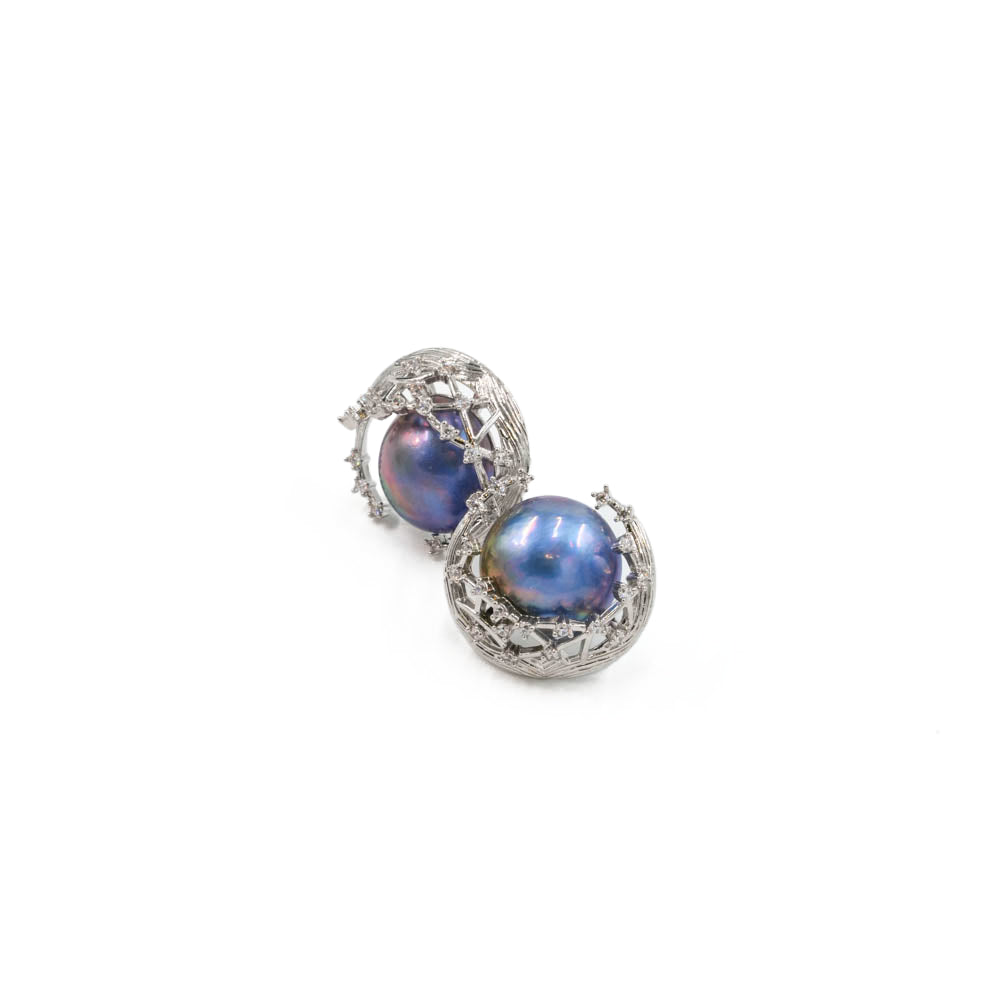 Peacock Blue Pearl Nest Stud Earrings