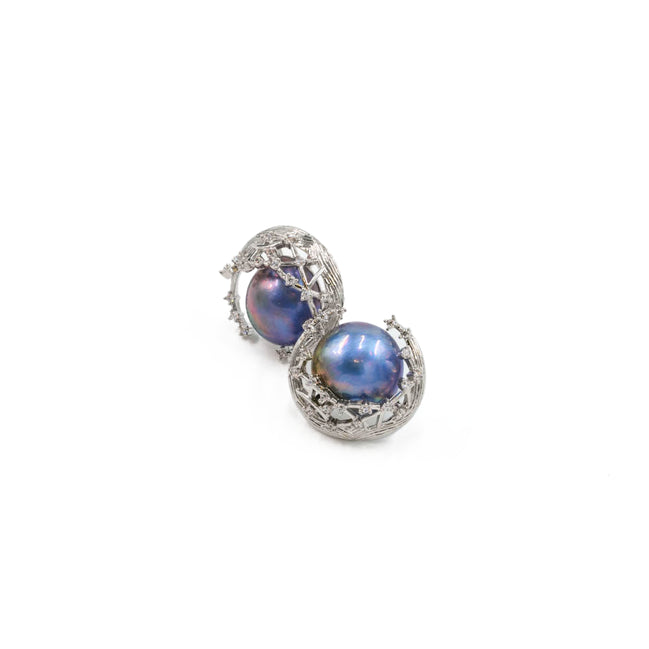Peacock Blue Pearl Nest Stud Earrings