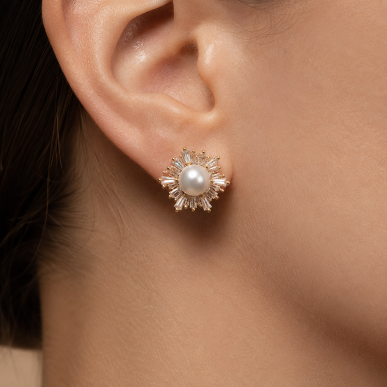 Sunburst Crystal Natural Pearl Earrings