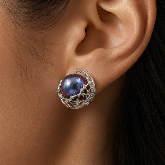 Peacock Blue Pearl Nest Stud Earrings
