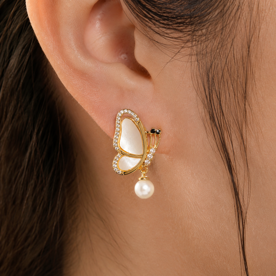 Gold Fairy Wing Pearl Drop Earrings