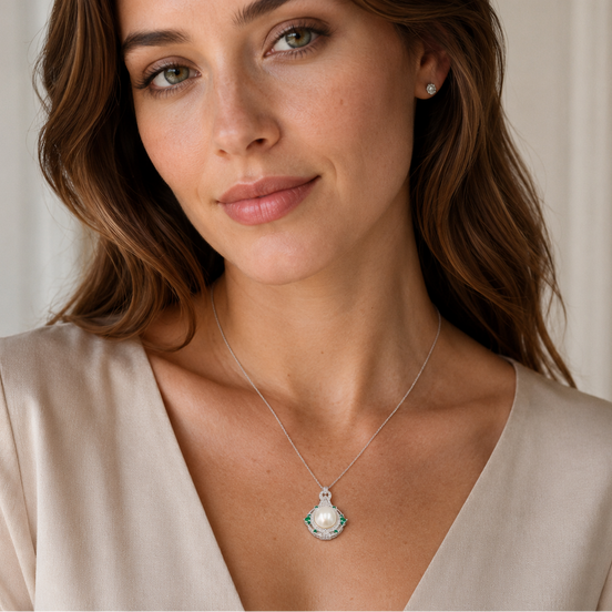 Emerald Halo Pearl Pendant Necklace