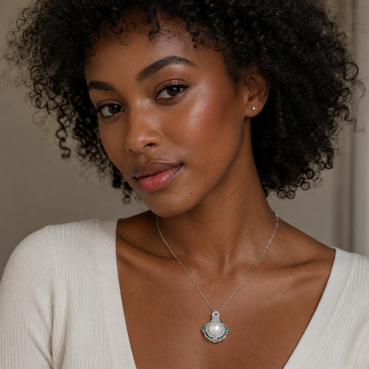 Emerald Halo Pearl Pendant Necklace