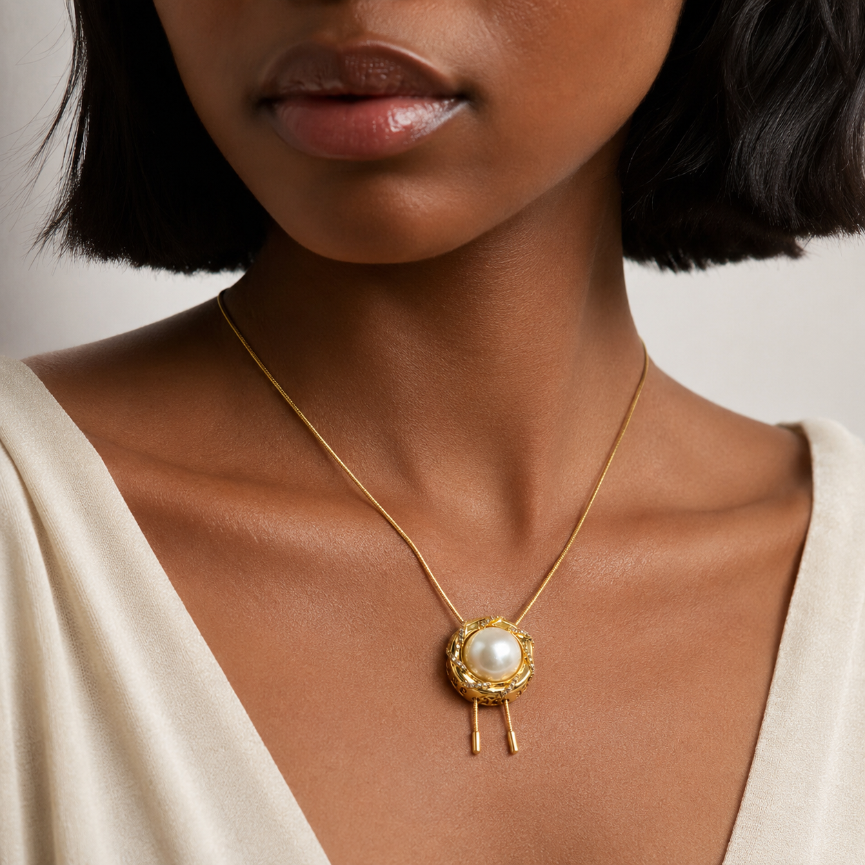 Gold Halo Pearl Tassel Necklace