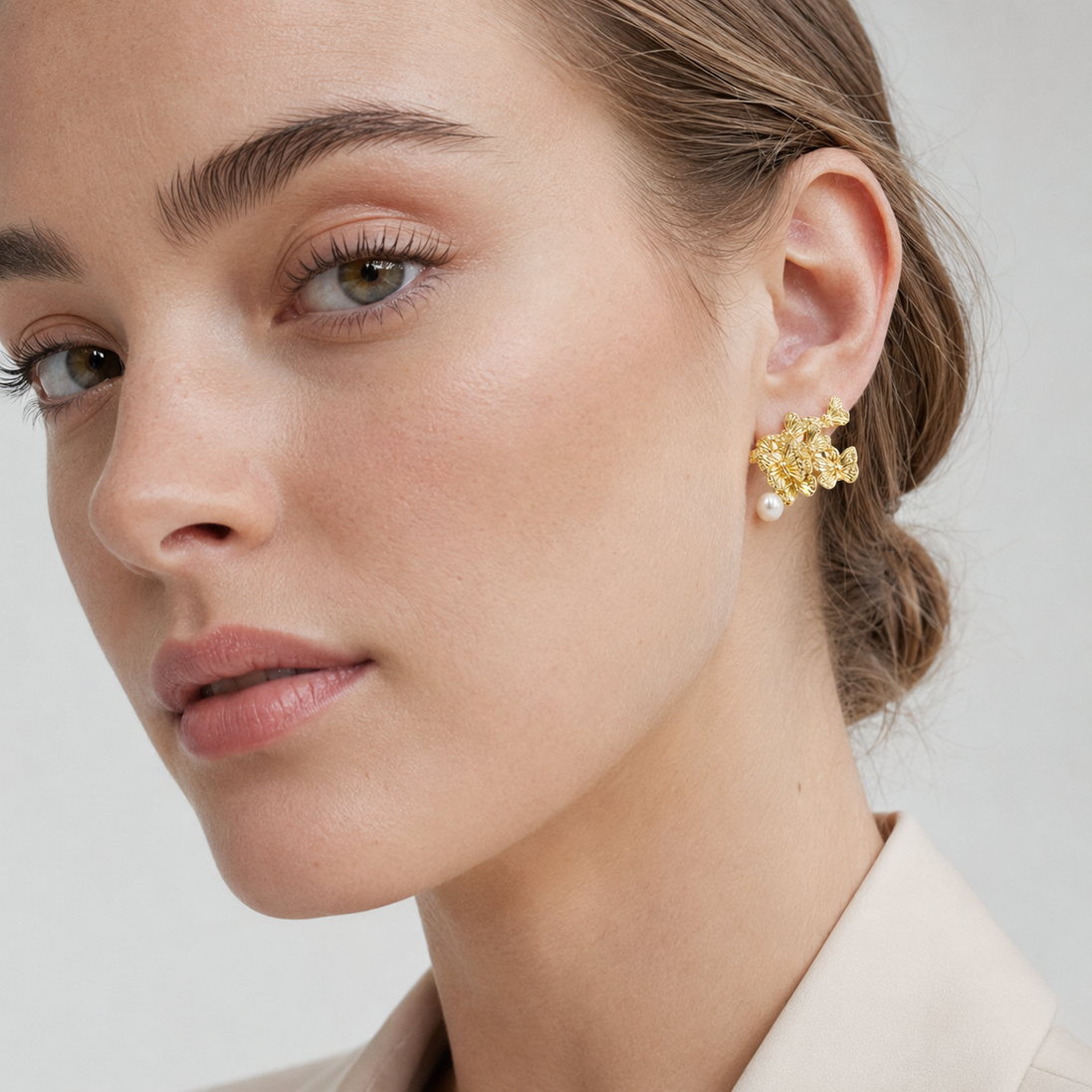 Gold Butterfly Cluster Pearl Earrings
