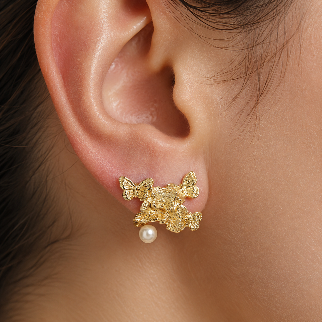 Gold Butterfly Cluster Pearl Earrings