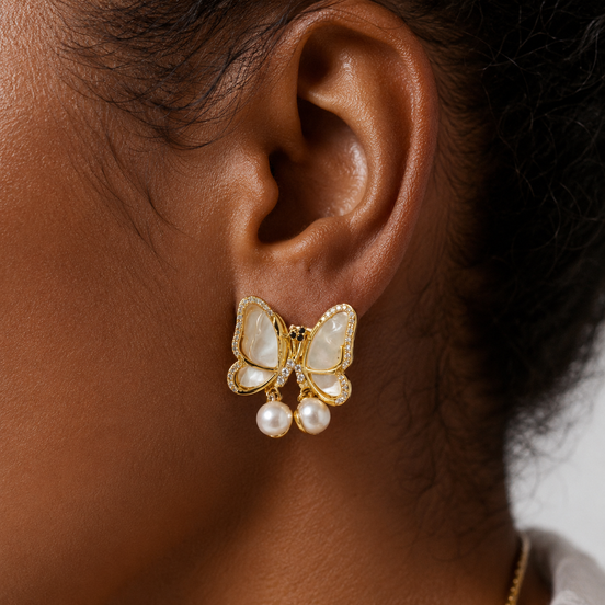 Gold Fairy Wing Pearl Drop Earrings