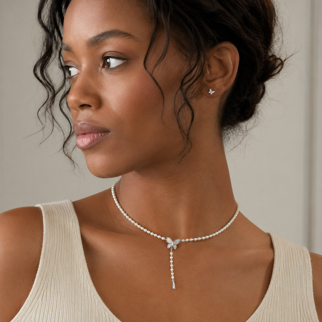 Iris Butterfly Natural Pearl Lariat Necklace
