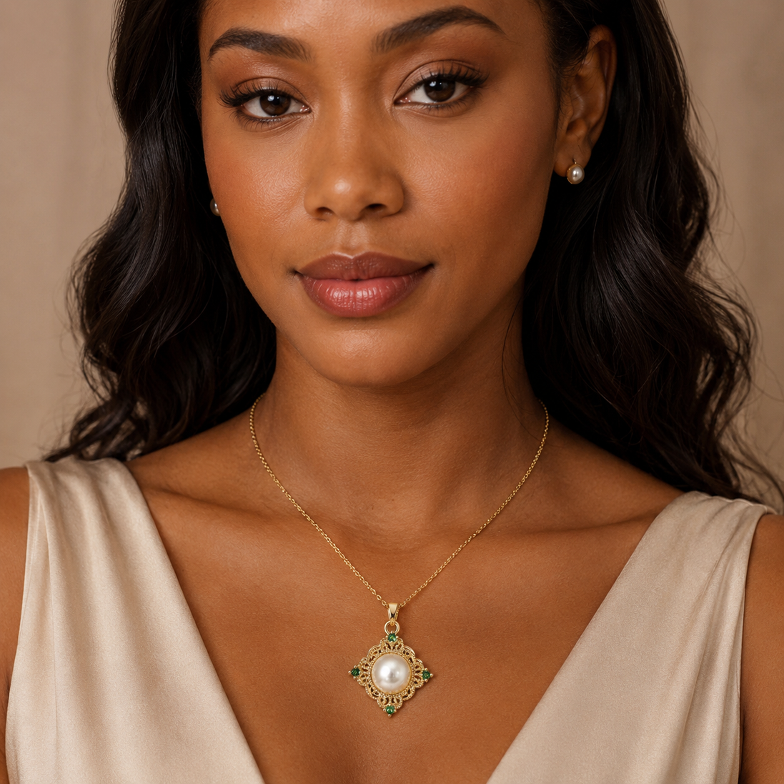 Vintage Emerald & Natural Pearl Pendant Necklace | Bridal & Holiday Gift