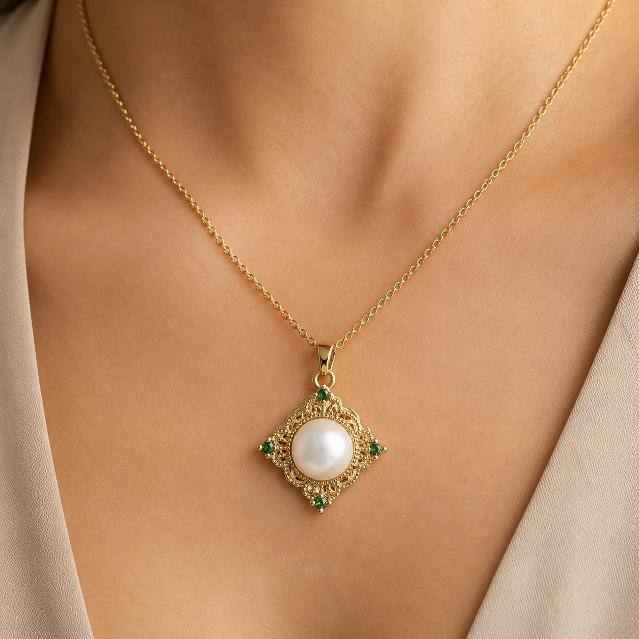 Vintage Emerald & Natural Pearl Pendant Necklace | Bridal & Holiday Gift