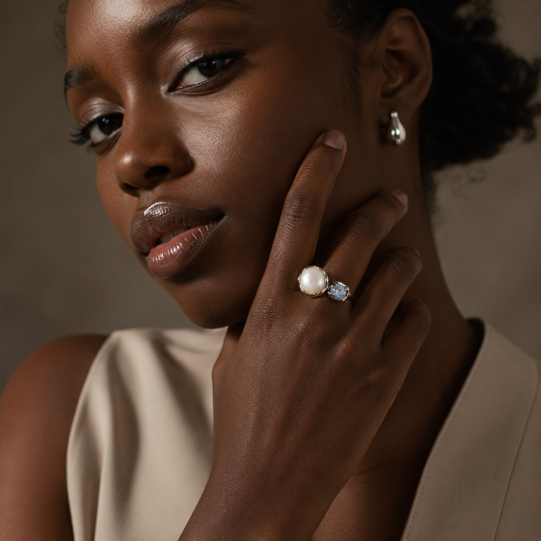 Natural Mabe Pearl & Aquamarine Ring