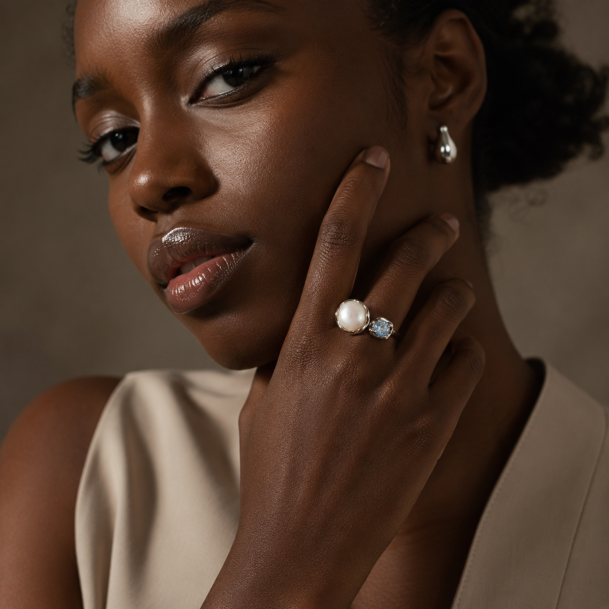 Natural Mabe Pearl & Aquamarine Ring