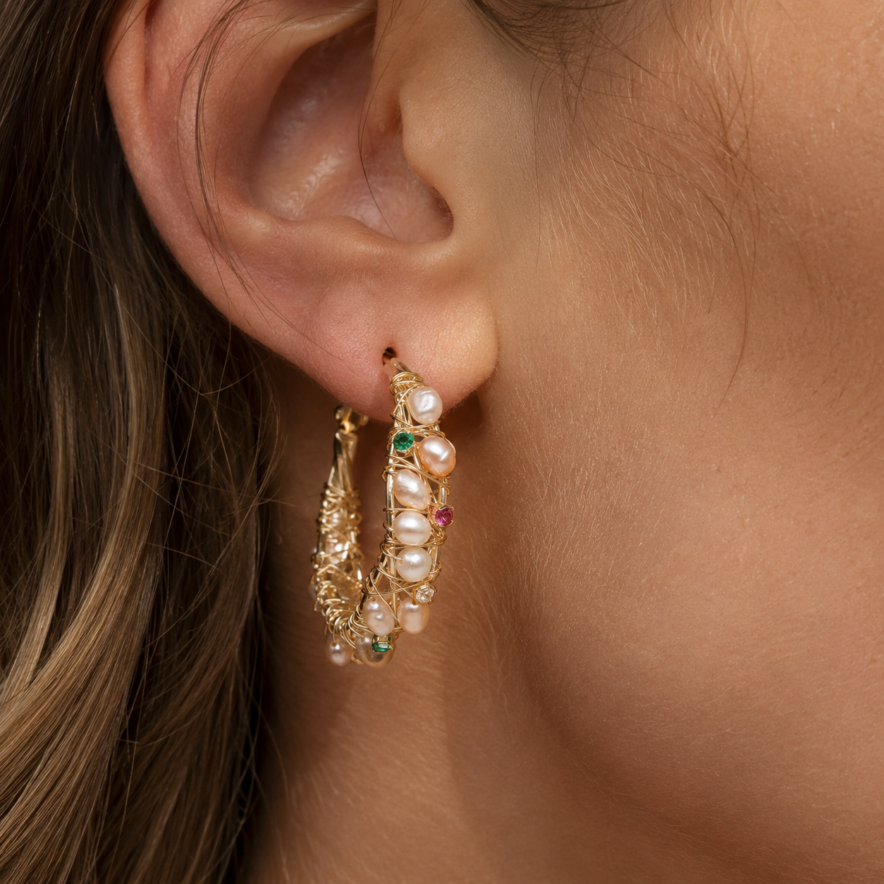 Boho Wire-Wrapped Pearl Hoop Earrings