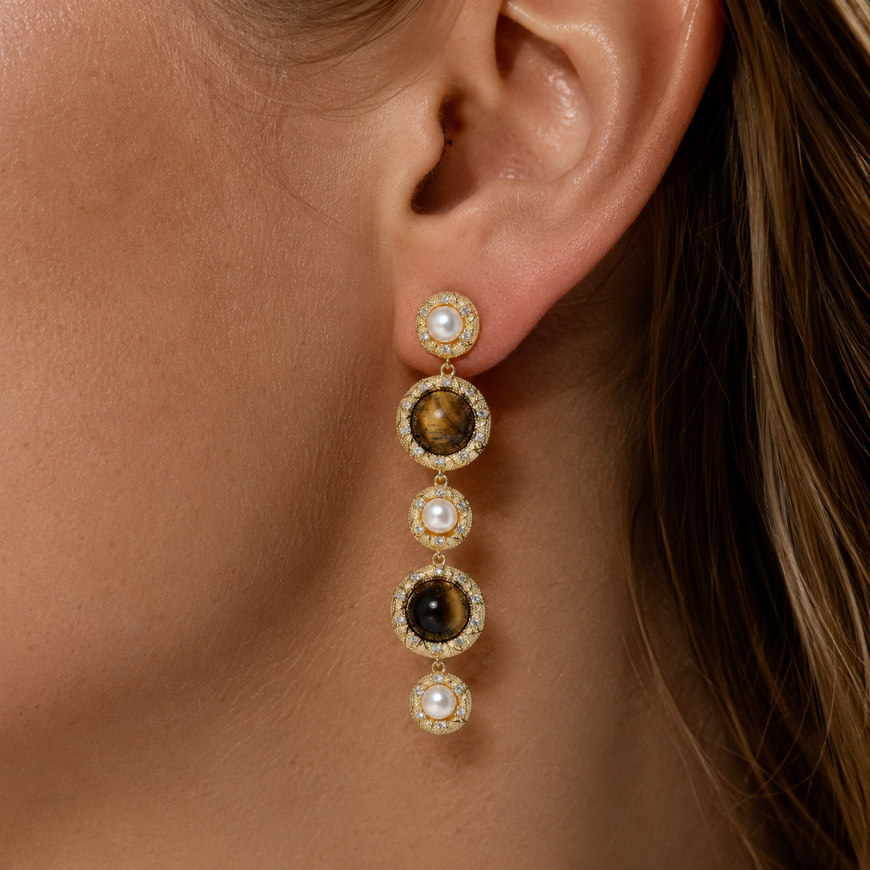 Vintage Tiger's Eye & Pearl Drop Earrings