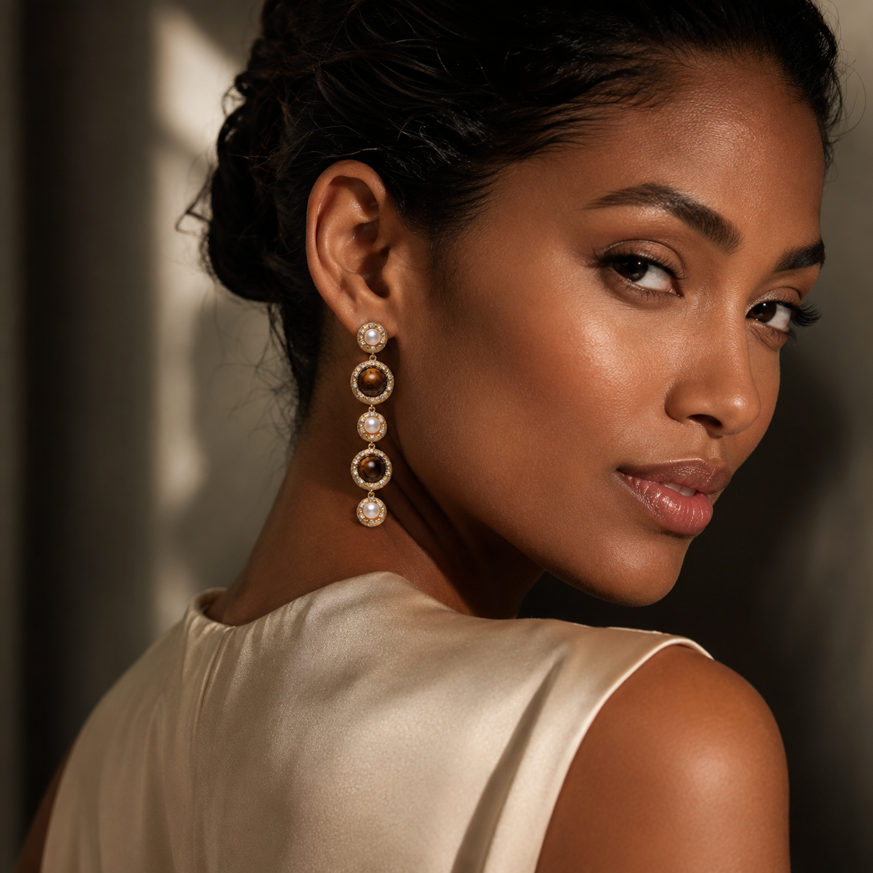 Vintage Tiger's Eye & Pearl Drop Earrings