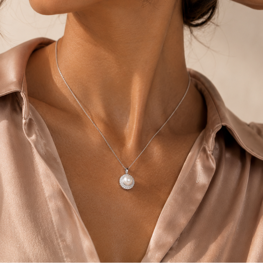Classic Pearl & Diamond Halo Necklace