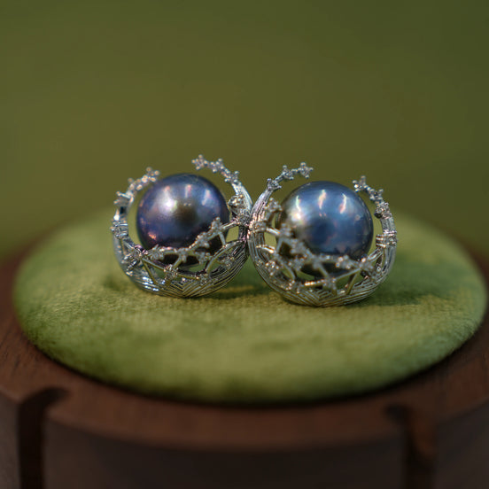 Peacock Blue Pearl Nest Stud Earrings
