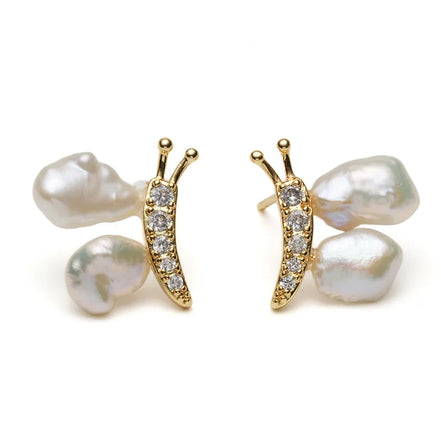 Elegant Baroque Pearl Stud Earrings with Gold Sculptural Butterfly