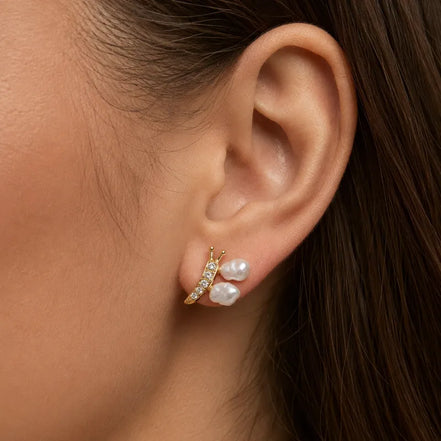 Elegant Baroque Pearl Stud Earrings with Gold Sculptural Butterfly
