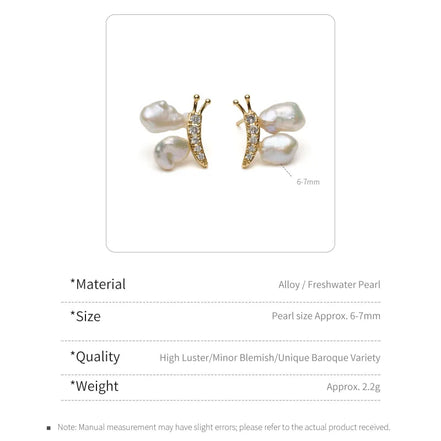 Elegant Baroque Pearl Stud Earrings with Gold Sculptural Butterfly