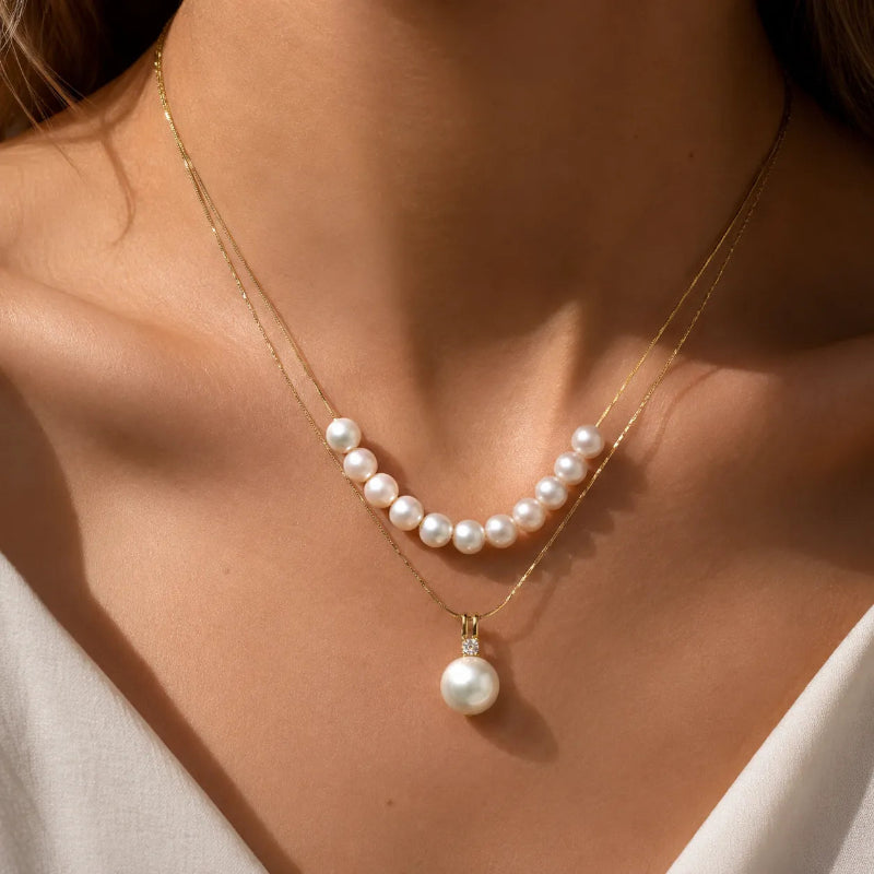 Elegant Floating Pearl Necklace and Pendant Layered Set
